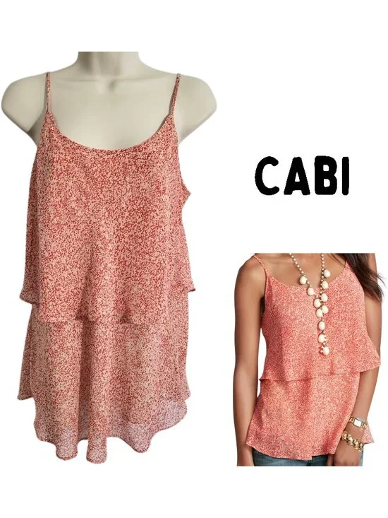 CAbi Red & Cream Paprika Ruffled Tiered Lined Cami Top - Women's M - Picture 1 of 5